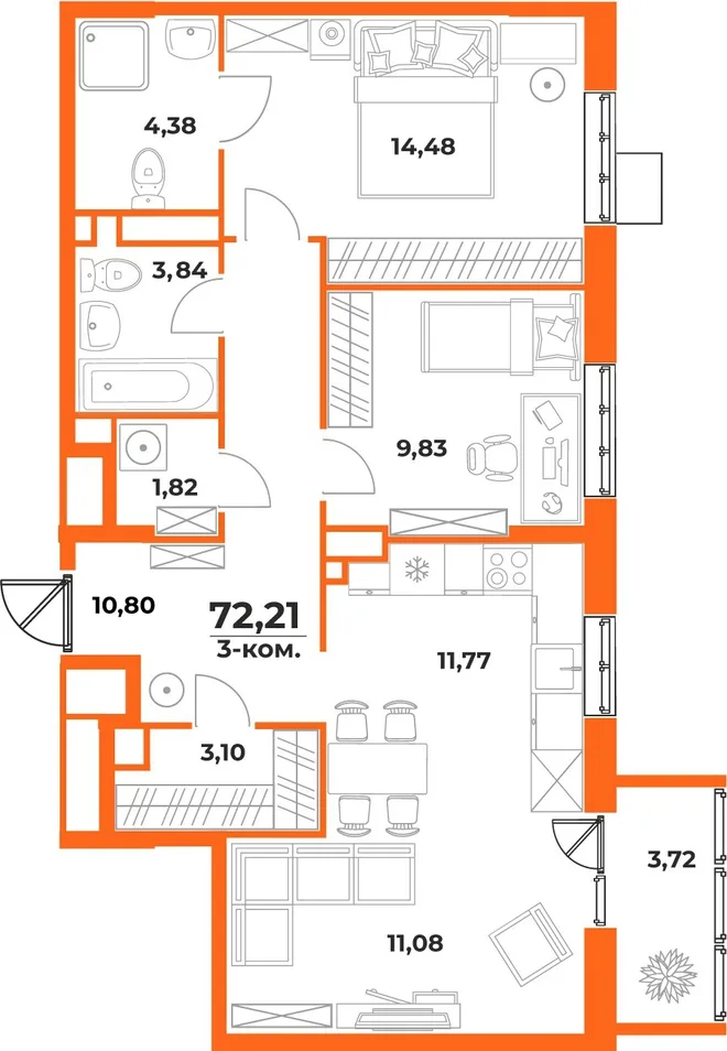 Планировка 3-комн. квартира, 72.21 м² ЖК «Живописный сад» Планировка 3-комн. квартира, 72.21 м² ЖК «Живописный сад»