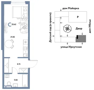 Планировка Студия, 33.62 м² ЖК «Остров-сад»