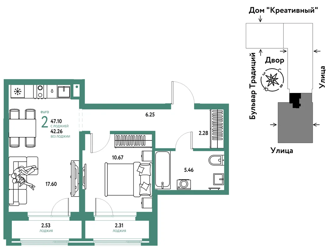 Планировка 2-комн. квартира, 47.1 м² ЖК «Микрорайон Домашний»