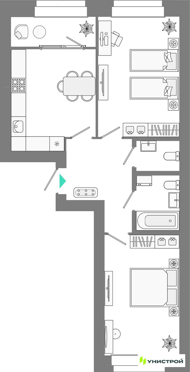 Планировка 2-комн. квартира, 58.52 м² ЖК «Лето» Планировка 2-комн. квартира, 58.52 м² ЖК «Лето»