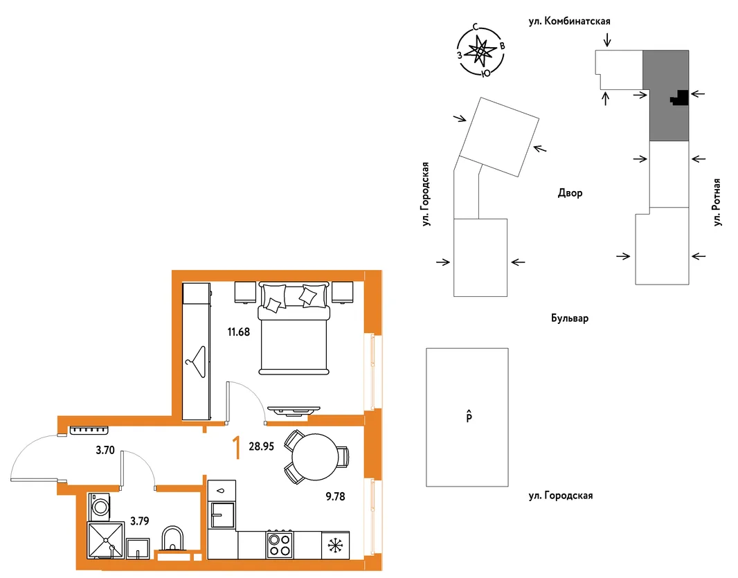 Планировка 1-комн. квартира, 28.95 м² ЖК «Уральский сад»