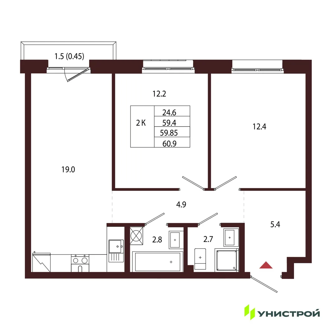 Планировка 2-комн. квартира, 59.85 м² ЖК «Лисино»