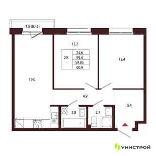 Планировка 2-комн. квартира, 59.85 м² ЖК «Лисино»