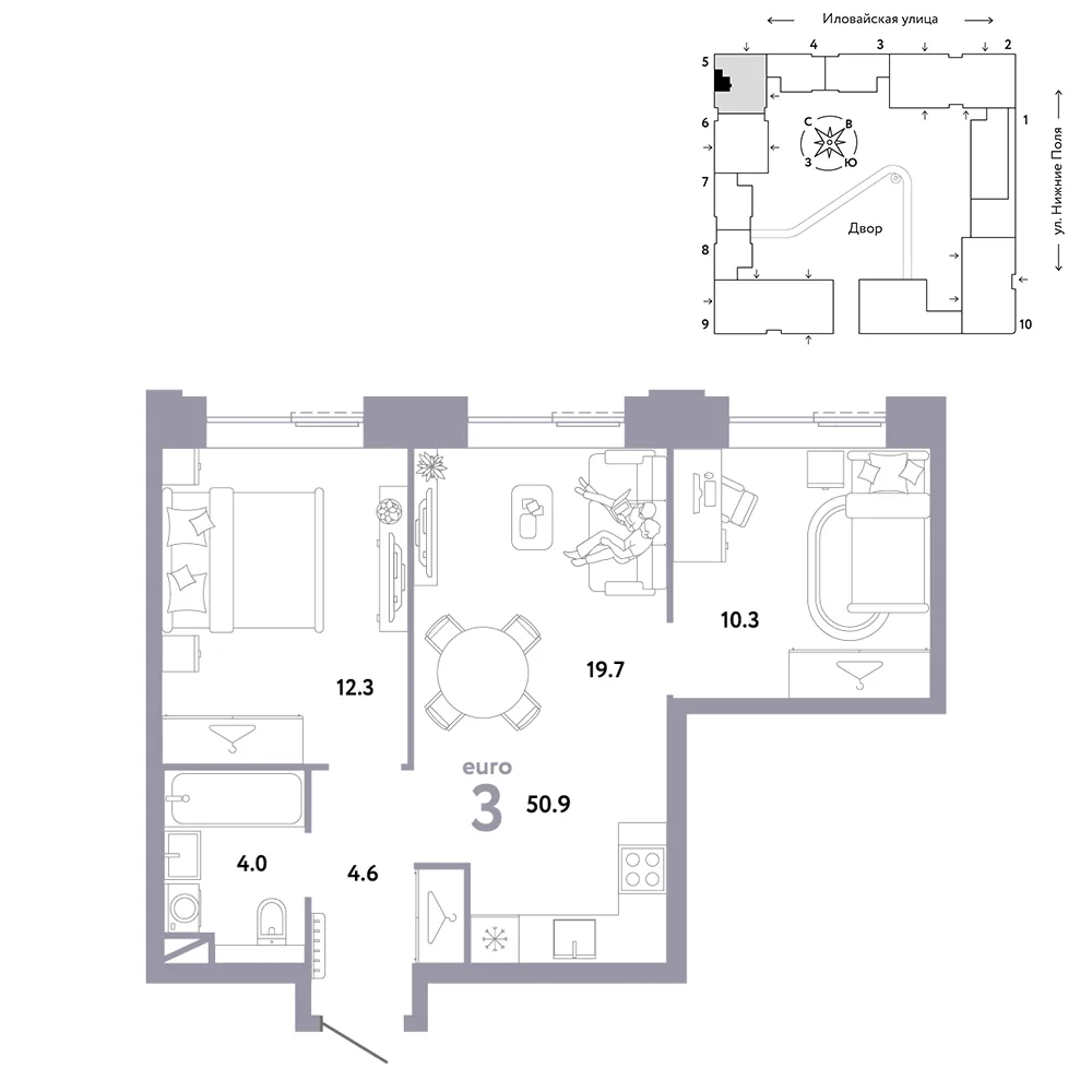 Планировка 3-комн. квартира, 50.9 м² ЖК «Страна.Заречная»