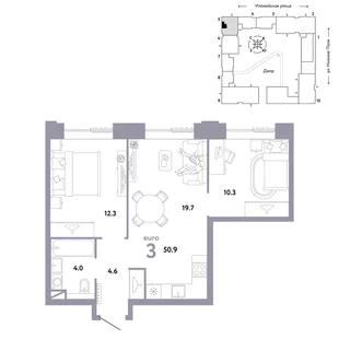 Планировка 3-комн. квартира, 50.9 м² ЖК «Страна.Заречная»