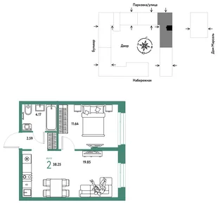 Планировка 2-комн. квартира, 38.25 м² ЖК «Европейский берег 2.0»