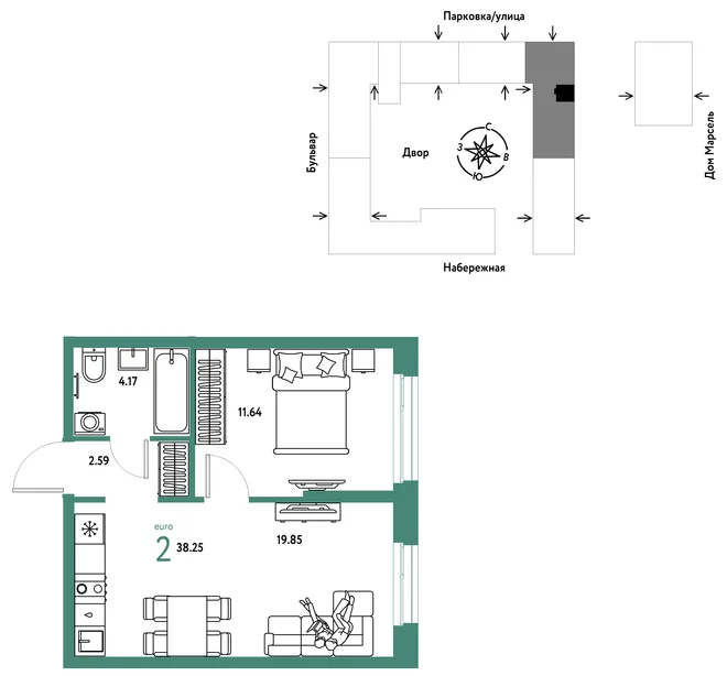 Планировка 2-комн. квартира, 38.25 м² ЖК «Европейский берег 2.0» Планировка 2-комн. квартира, 38.25 м² ЖК «Европейский берег 2.0»