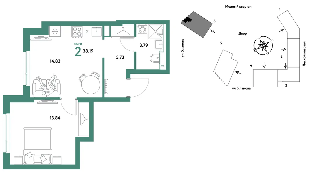 Планировка 2-комн. квартира, 38.19 м² ЖК «Сибирский сад»