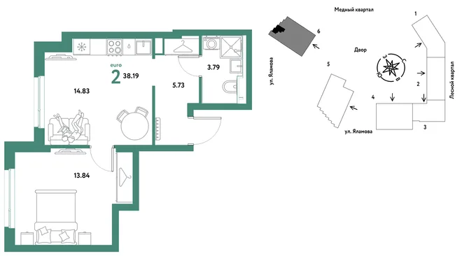 Планировка 2-комн. квартира, 38.19 м² ЖК «Сибирский сад»