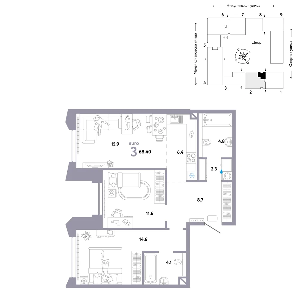 Планировка 3-комн. квартира, 68.4 м² ЖК «Страна.Озёрная»