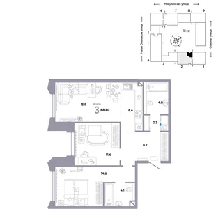 Планировка 3-комн. квартира, 68.4 м² ЖК «Страна.Озёрная»