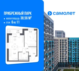 Планировка 1-комн. квартира, 38.56 м² ЖК «Прибрежный парк»