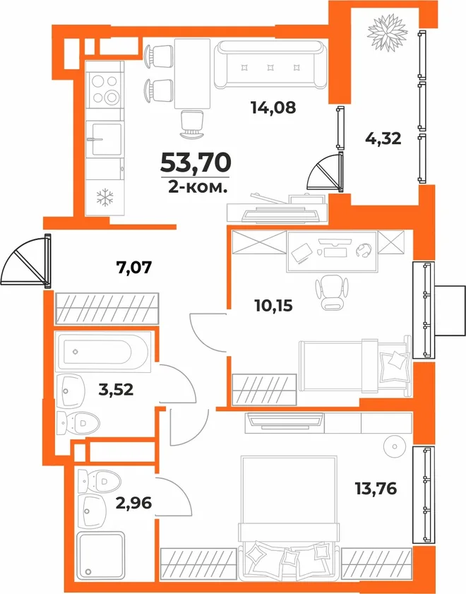 Планировка 2-комн. квартира, 53.7 м² ЖК «Живописный сад» Планировка 2-комн. квартира, 53.7 м² ЖК «Живописный сад»
