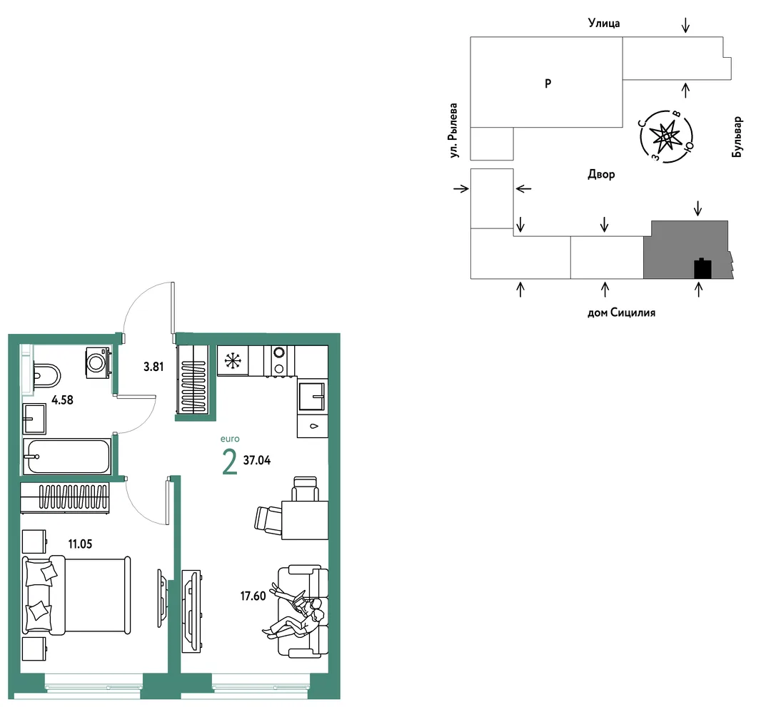 Планировка 2-комн. квартира, 37.04 м² ЖК «Остров-сад»