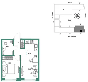 Планировка 2-комн. квартира, 37.04 м² ЖК «Остров-сад»
