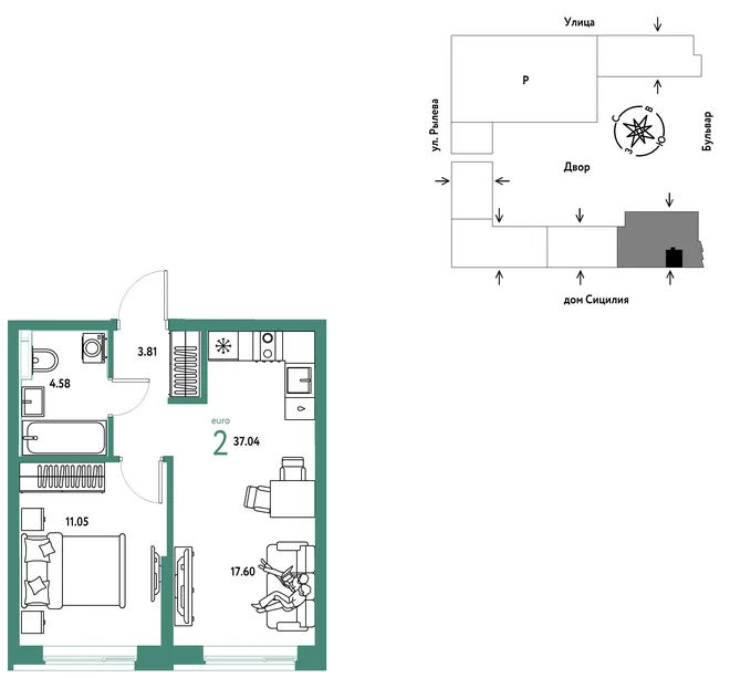 Планировка 2-комн. квартира, 37.04 м² ЖК «Остров-сад» Планировка 2-комн. квартира, 37.04 м² ЖК «Остров-сад»