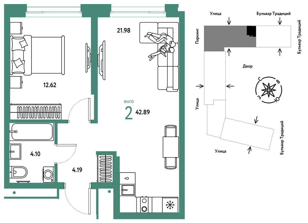 Планировка 2-комн. квартира, 42.89 м² ЖК «Микрорайон Домашний»