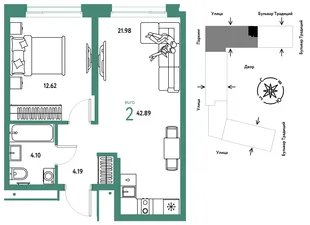 Планировка 2-комн. квартира, 42.89 м² ЖК «Микрорайон Домашний»