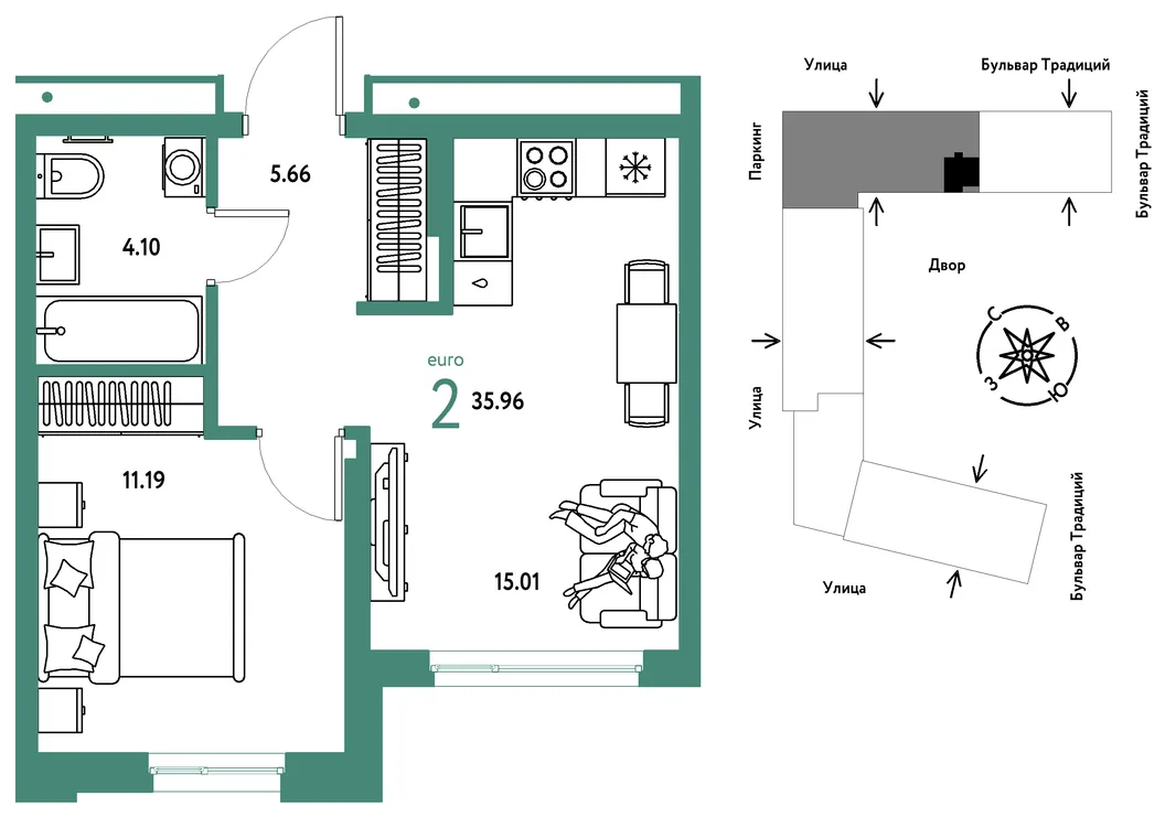 Планировка 2-комн. квартира, 35.96 м² ЖК «Микрорайон Домашний»