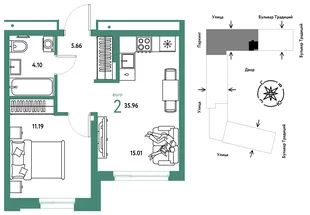 Планировка 2-комн. квартира, 35.96 м² ЖК «Микрорайон Домашний»