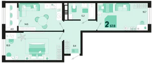 Планировка 2-комн. квартира, 67.8 м² ЖК «Первое место»