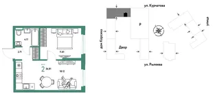 Планировка 2-комн. квартира, 36.81 м² ЖК «Остров-сад»