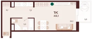 Планировка 1-комн. квартира, 48.1 м² ЖК «Роялта»