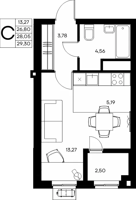 Планировка Студия, 29.3 м² ЖК «Прибрежный дом»
