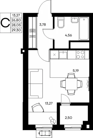 Планировка Студия, 29.3 м² ЖК «Прибрежный дом»