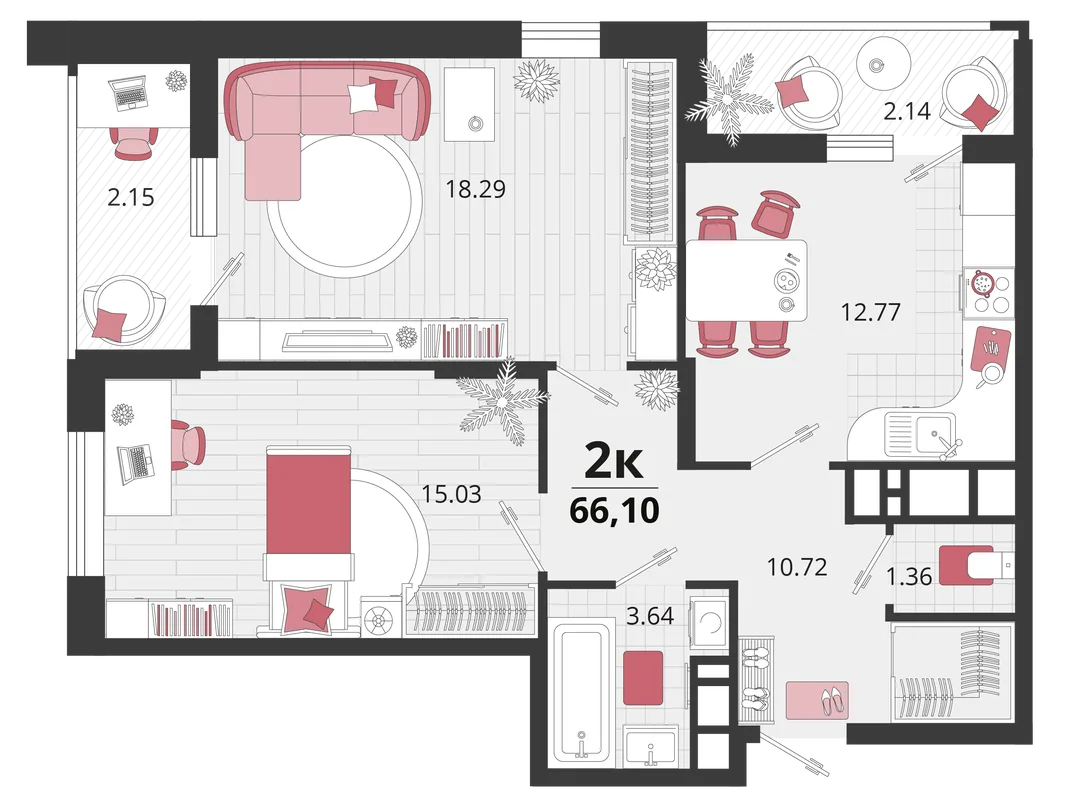Планировка 2-комн. квартира, 66.6 м² ЖК «Родные просторы»