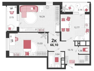 Планировка 2-комн. квартира, 66.6 м² ЖК «Родные просторы»