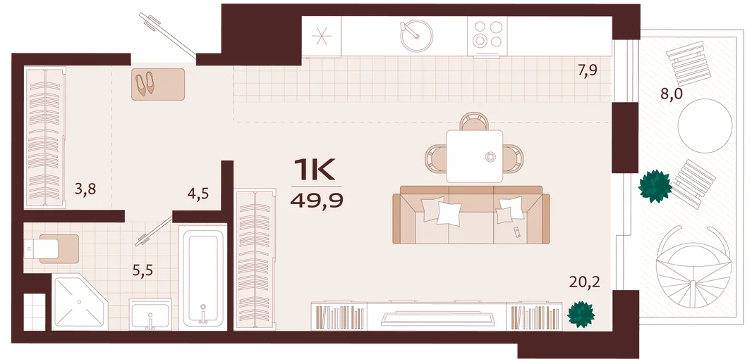 Планировка 1-комн. квартира, 49.9 м² ЖК «Роялта»