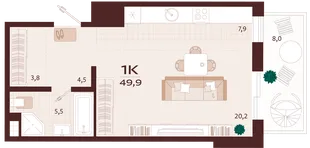 Планировка 1-комн. квартира, 49.9 м² ЖК «Роялта»