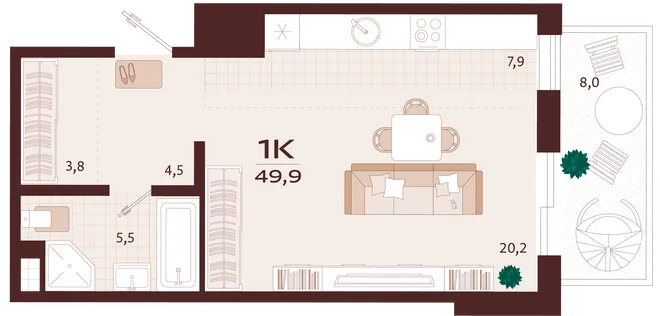 Планировка 1-комн. квартира, 49.9 м² ЖК «Роялта» Планировка 1-комн. квартира, 49.9 м² ЖК «Роялта»