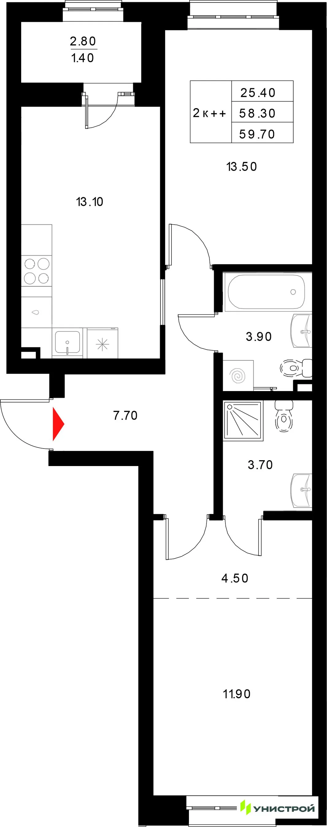 Планировка 2-комн. квартира, 59.7 м² ЖК «Уникод на Технической»