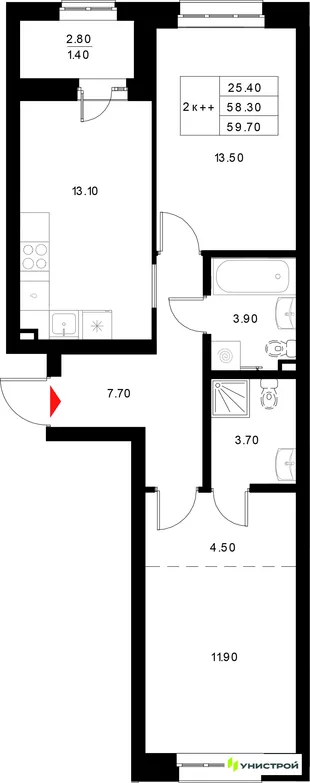 Планировка 2-комн. квартира, 59.7 м² ЖК «Уникод на Технической»