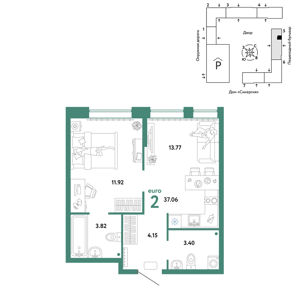 Планировка 2-комн. квартира, 37.06 м² ЖК «Юнион»