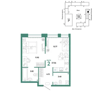 Планировка 2-комн. квартира, 37.06 м² ЖК «Юнион»