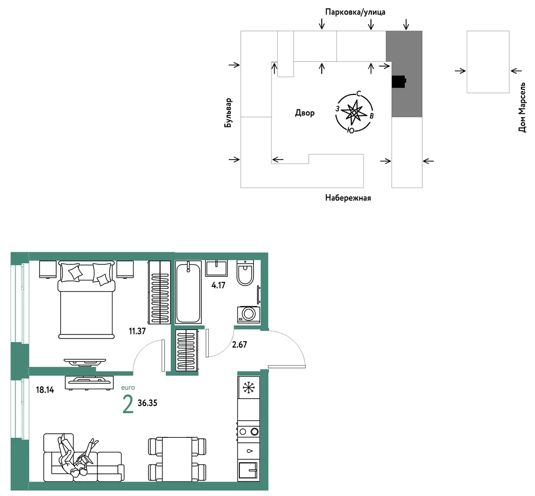 Планировка 2-комн. квартира, 36.35 м² ЖК «Европейский берег 2.0»