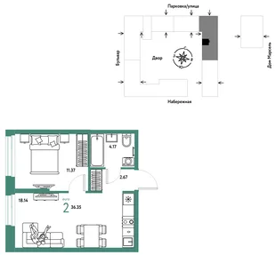 Планировка 2-комн. квартира, 36.35 м² ЖК «Европейский берег 2.0»