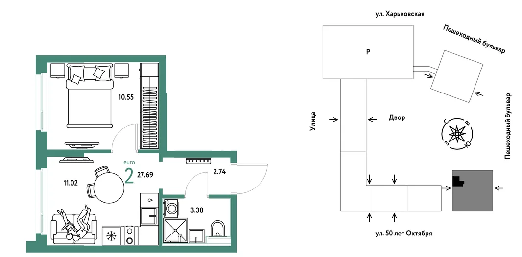 Планировка 1-комн. квартира, 27.69 м² ЖК «Сердце Сибири»