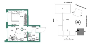 Планировка 1-комн. квартира, 27.69 м² ЖК «Сердце Сибири»