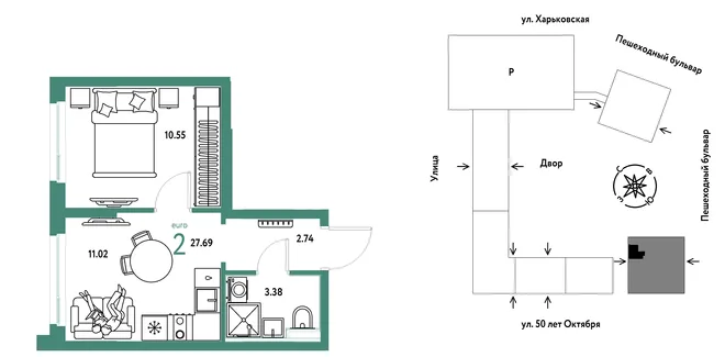 Планировка 1-комн. квартира, 27.69 м² ЖК «Сердце Сибири» Планировка 1-комн. квартира, 27.69 м² ЖК «Сердце Сибири»