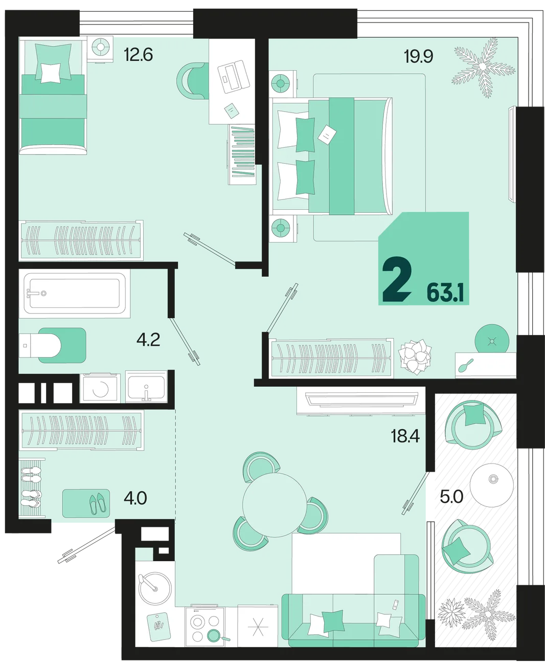 Планировка 2-комн. квартира, 64.1 м² ЖК «Первое место»