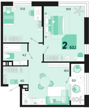 Планировка 2-комн. квартира, 64.1 м² ЖК «Первое место»