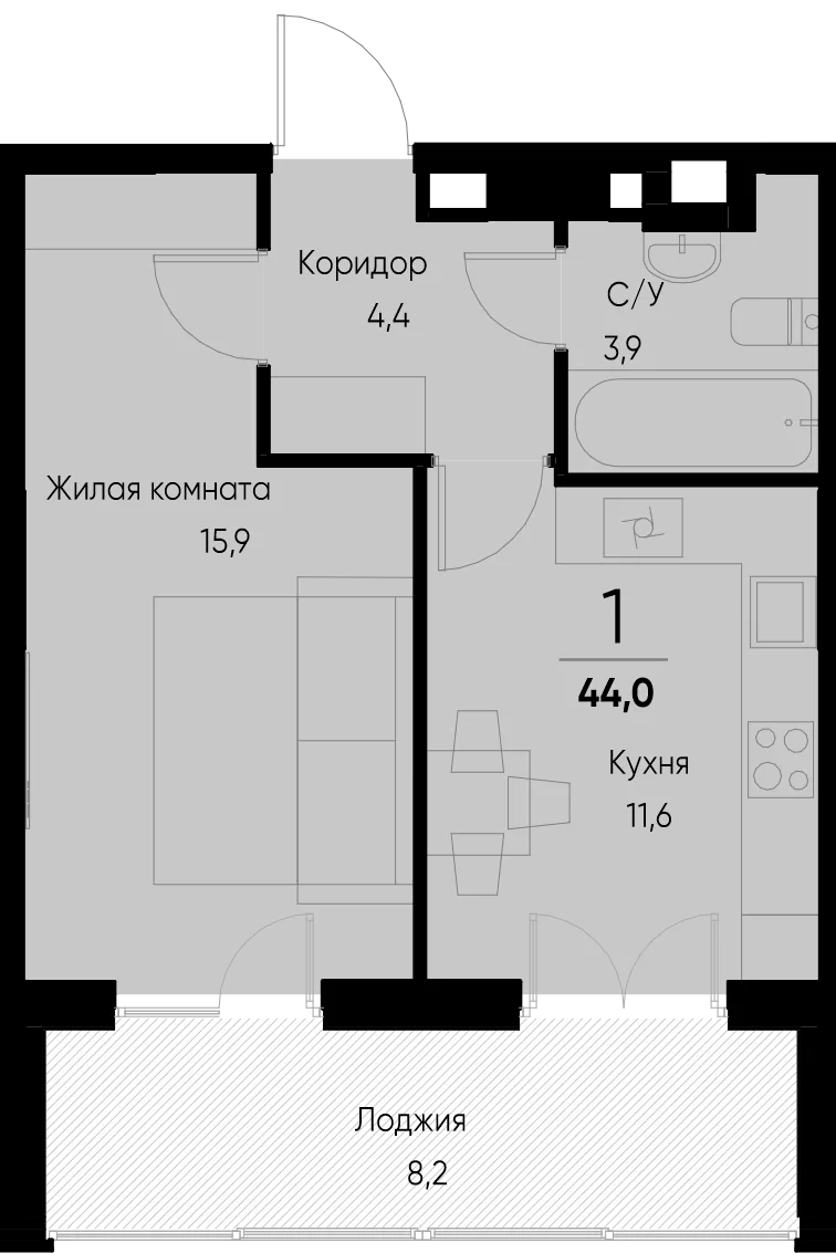 Планировка 1-комн. квартира, 44.2 м² ЖК «Васильевский остров»