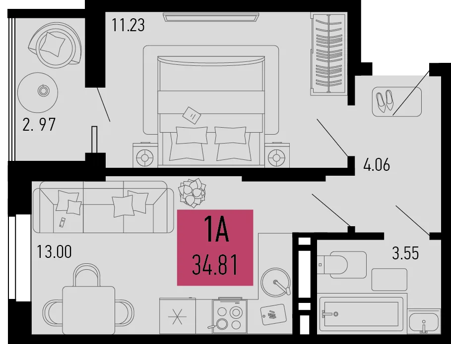 Планировка 1-комн. квартира, 34.81 м² ЖК «Столицыно»