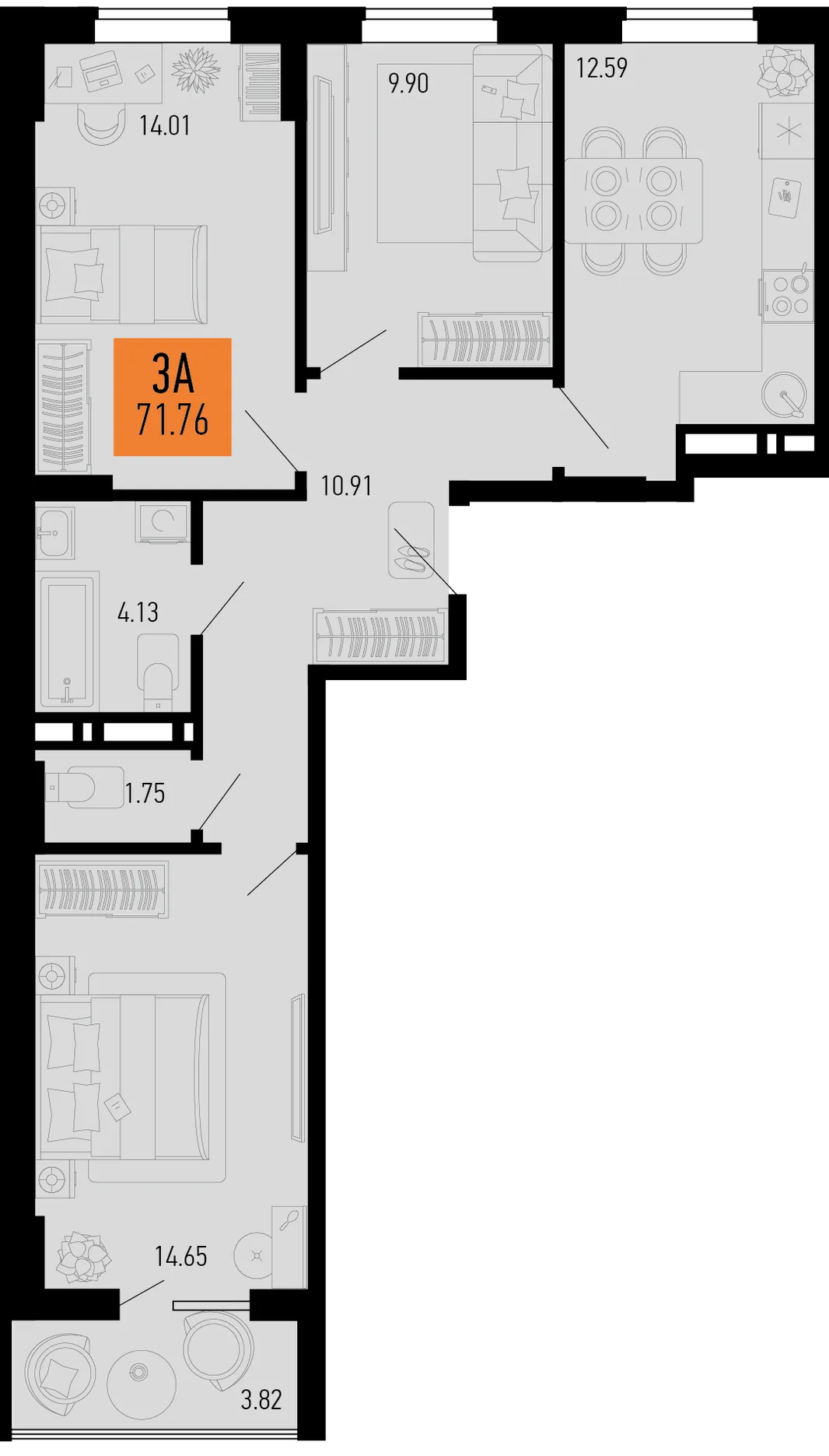 Планировка 3-комн. квартира, 71.76 м² ЖК «Столицыно»