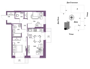 Планировка 3-комн. квартира, 60.6 м² ЖК «Европейский берег 2.0»