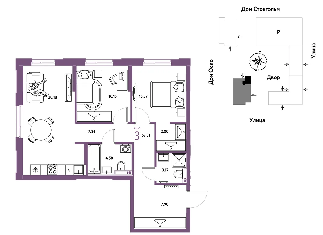 Планировка 3-комн. квартира, 67.01 м² ЖК «Европейский берег 2.0»